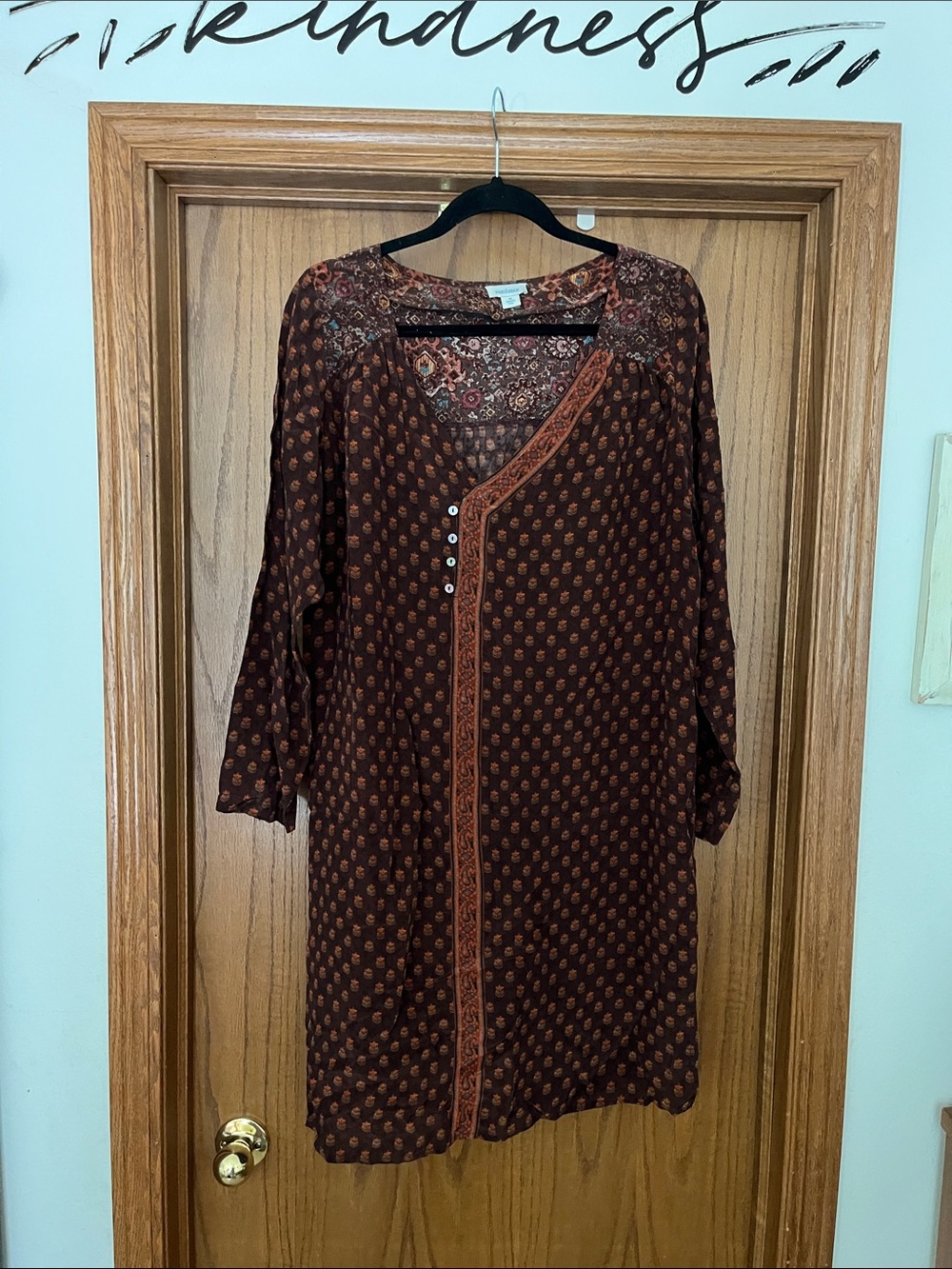 Sundance Brown Printed Midi Dress with Rust Accent Trim